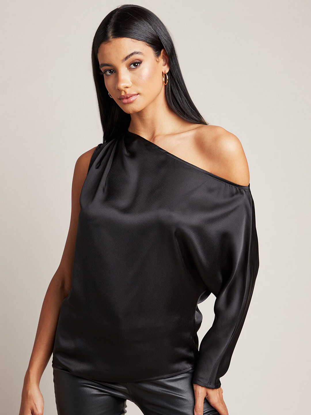 

Styli Black Satin Fallen Shoulder Drape Top with Long Sleeves