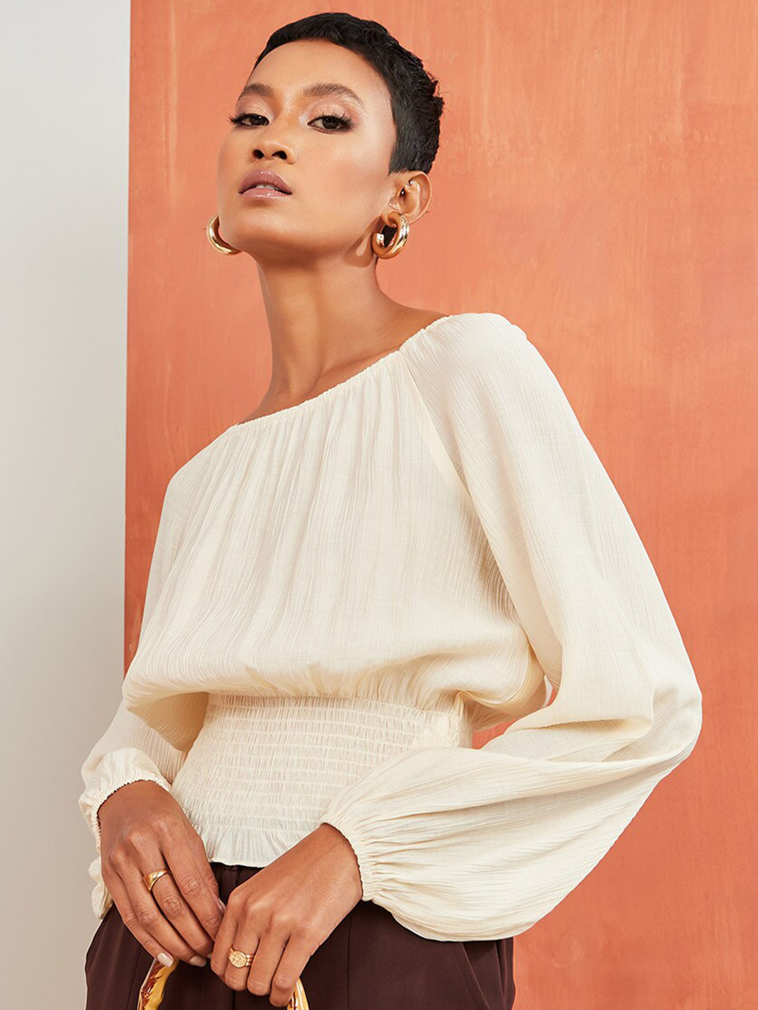 

Styli Off White Long Volume Sleeves Boat Neck Smocked Top