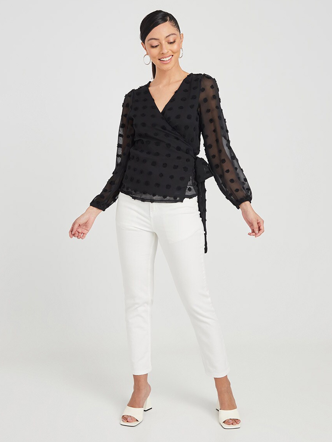 

Styli Black Dobby Mesh Wrap Woven Blouse
