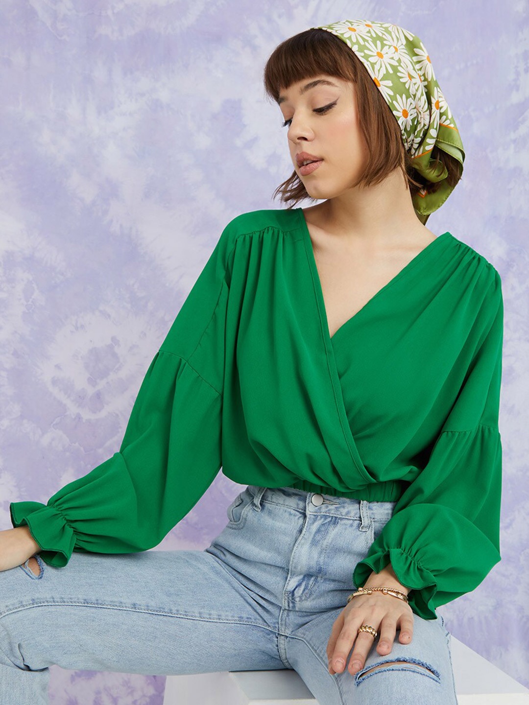 

Styli Green Balloon Sleeves Wrap Front Crop Blouse with Elastic Waistband