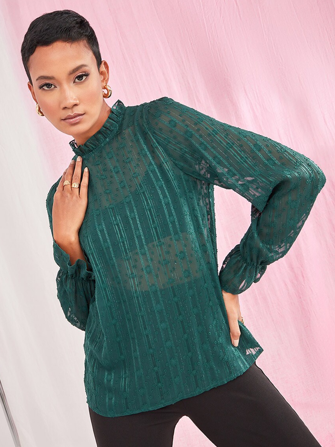 

Styli Women Green Sheer Dobby Woven High Neck Blouse