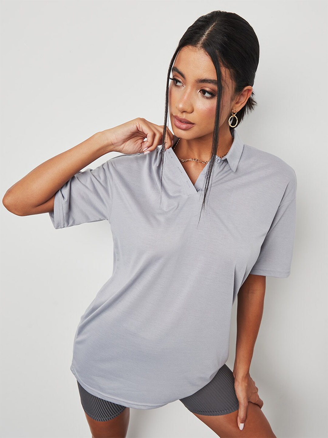 Styli Grey Oversized Polo T-shirt with Short Sleeves