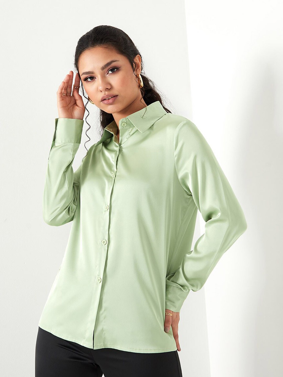 

Styli Green Satin Long Sleeves Button Through Shirt