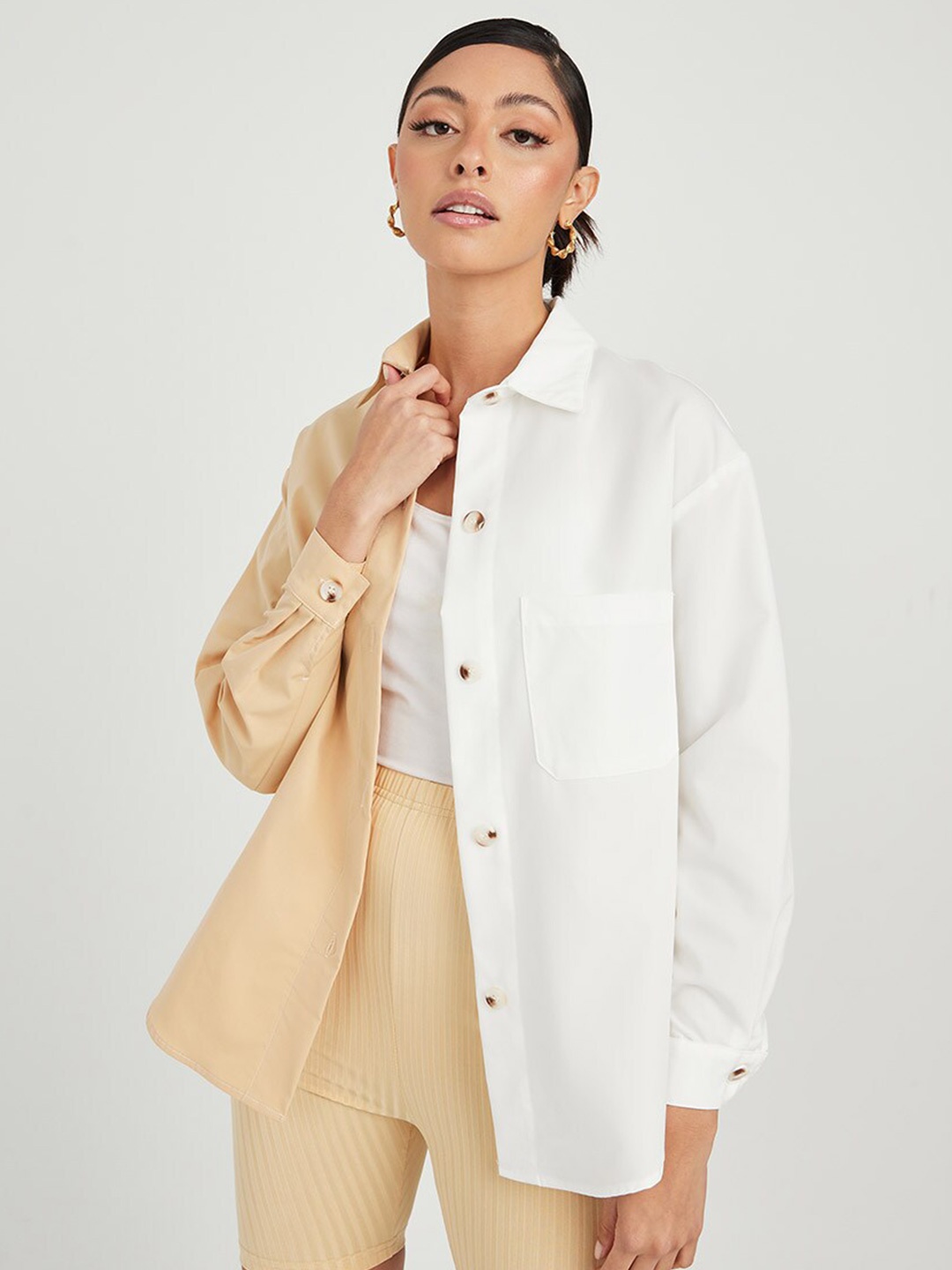 

Styli Tan Colourblocked Oversized Shirt