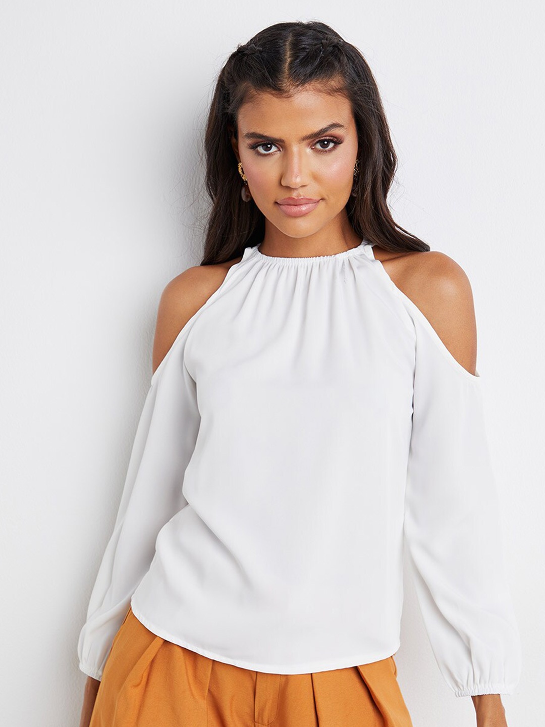 

Styli Women White Cold Shoulder Round Neck Top