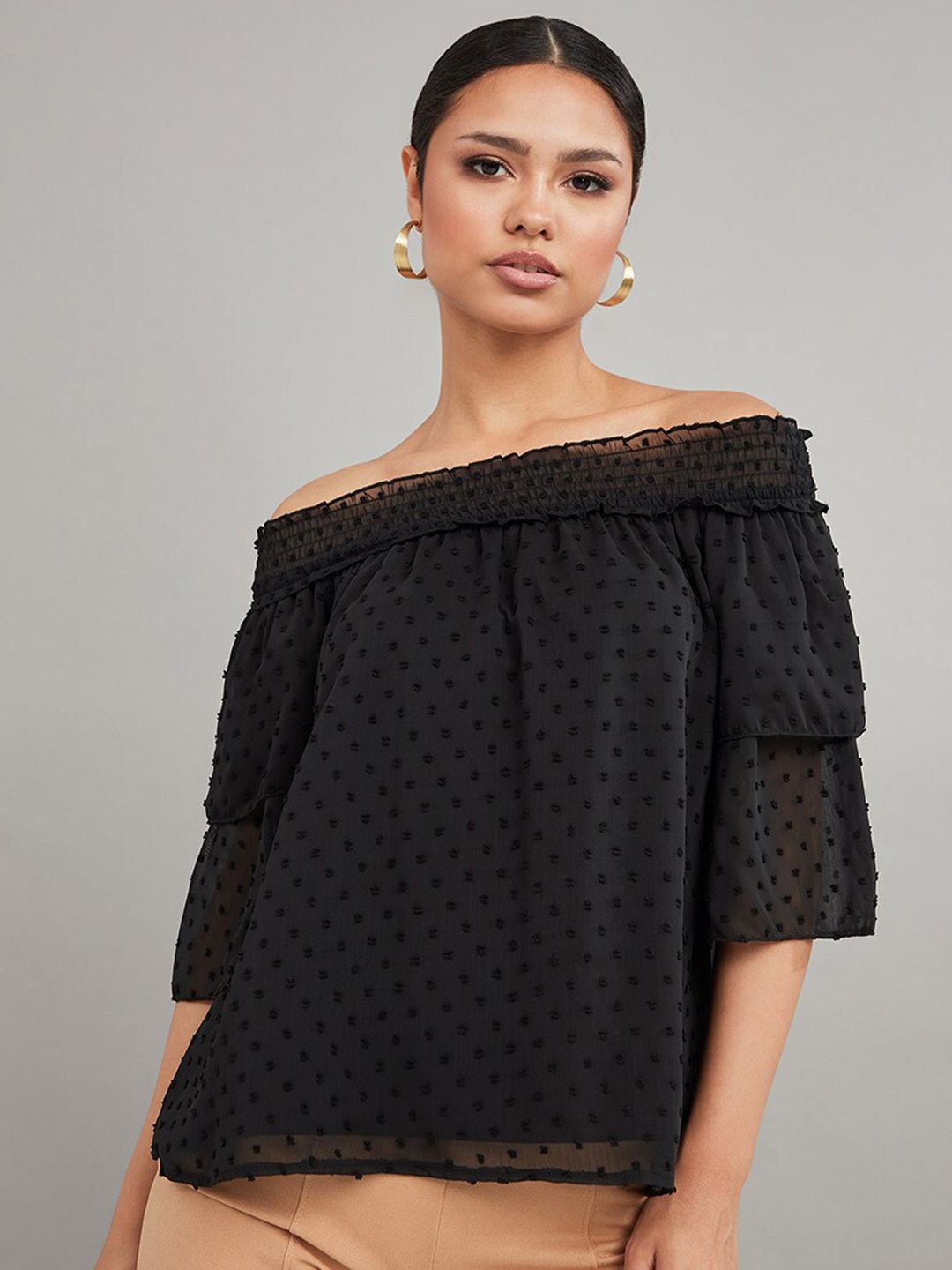 

Styli Black Off Shoulder Sheer Dobby Blouse