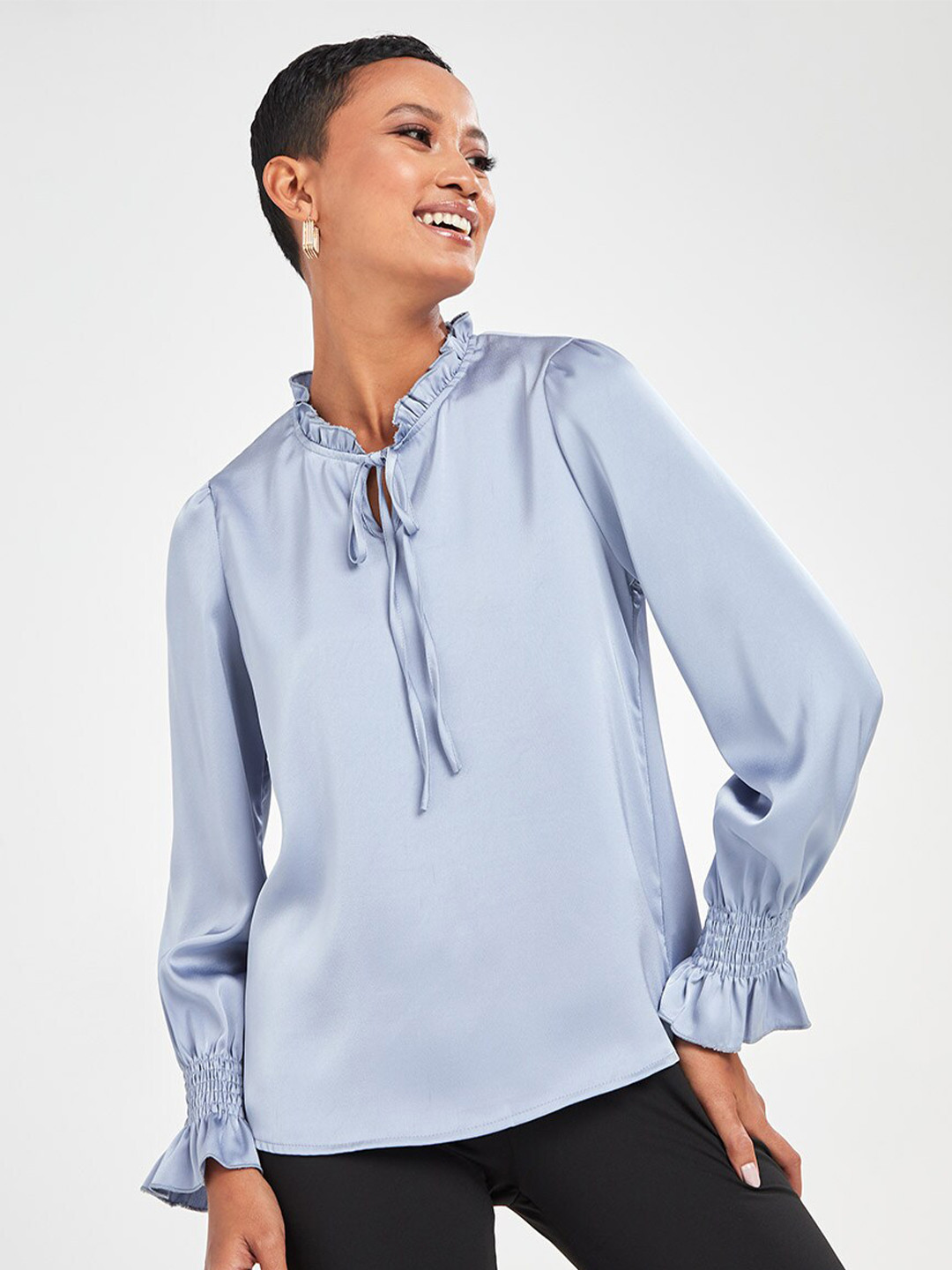

Styli Blue Frill Tie Up Neck Blouse