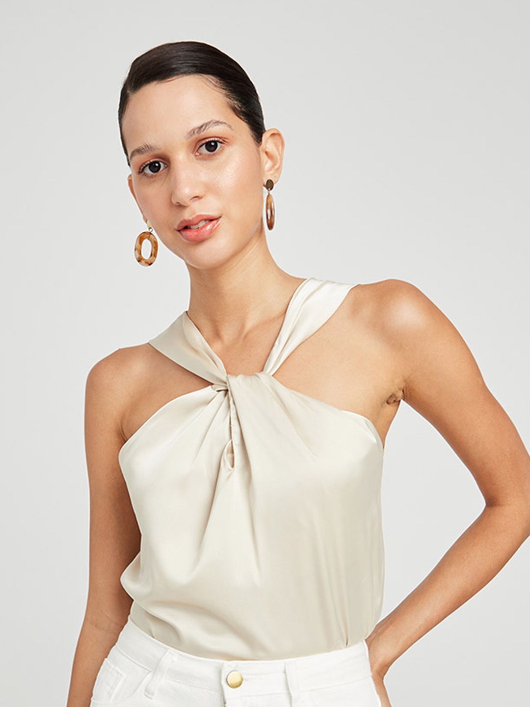 

Styli Beige Halter Neck Satin Twist Front Top