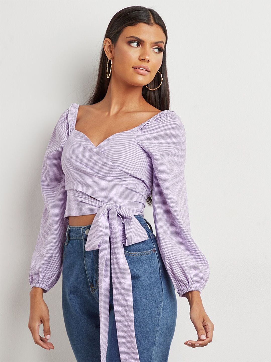 

Styli Lavender Wrap Detailed Puff Sleeves Crop Top