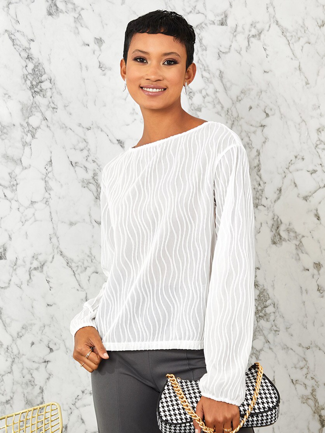 

Styli Women White Long Sleeves Boat Neck Textured Blouse