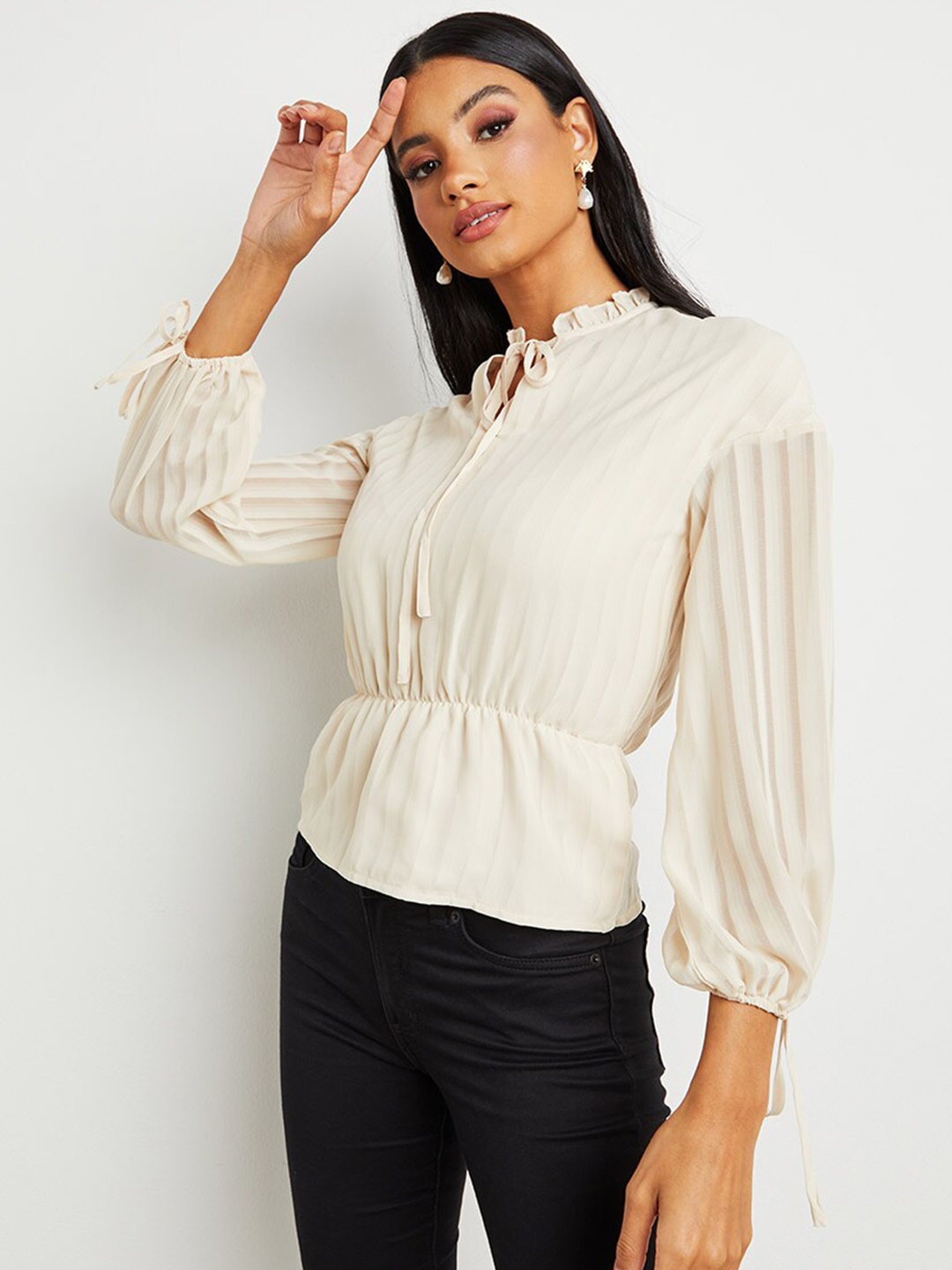 

Styli Beige Semi Sheer Tie-Up Neck Long Sleeves Tunic
