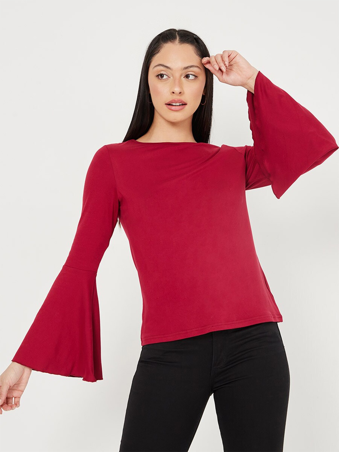 

Styli Red Bell Sleeves Round Neck Blouse