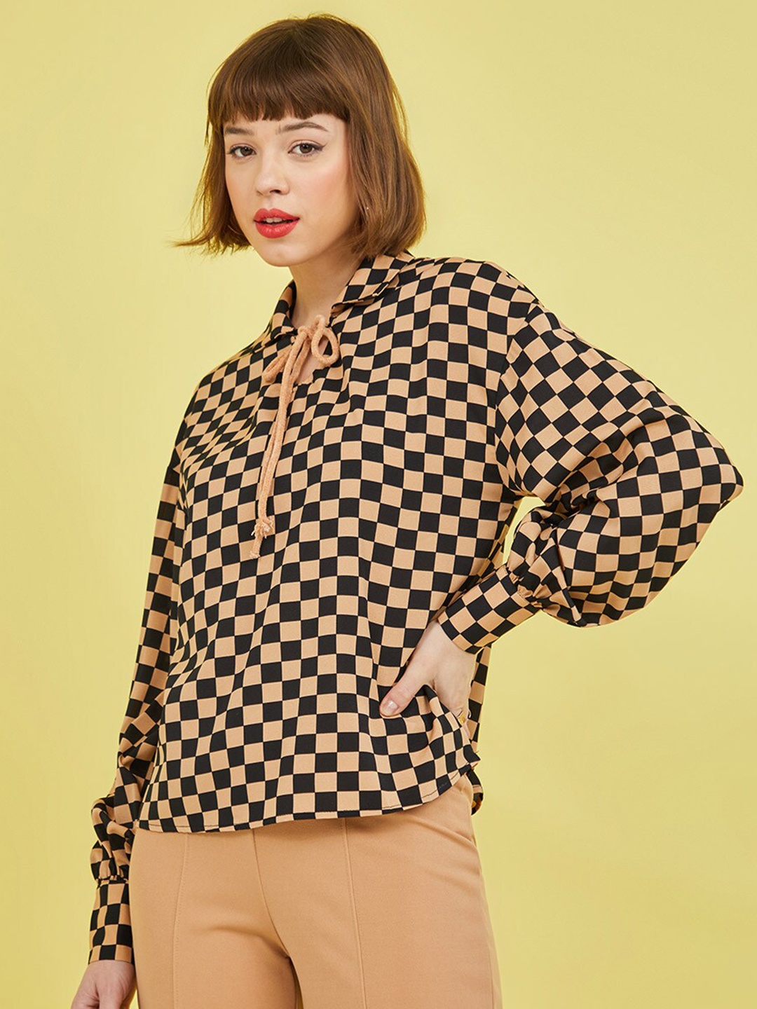 

Styli Beige Checkered Long Sleeves Tie-Up Neck Blouse