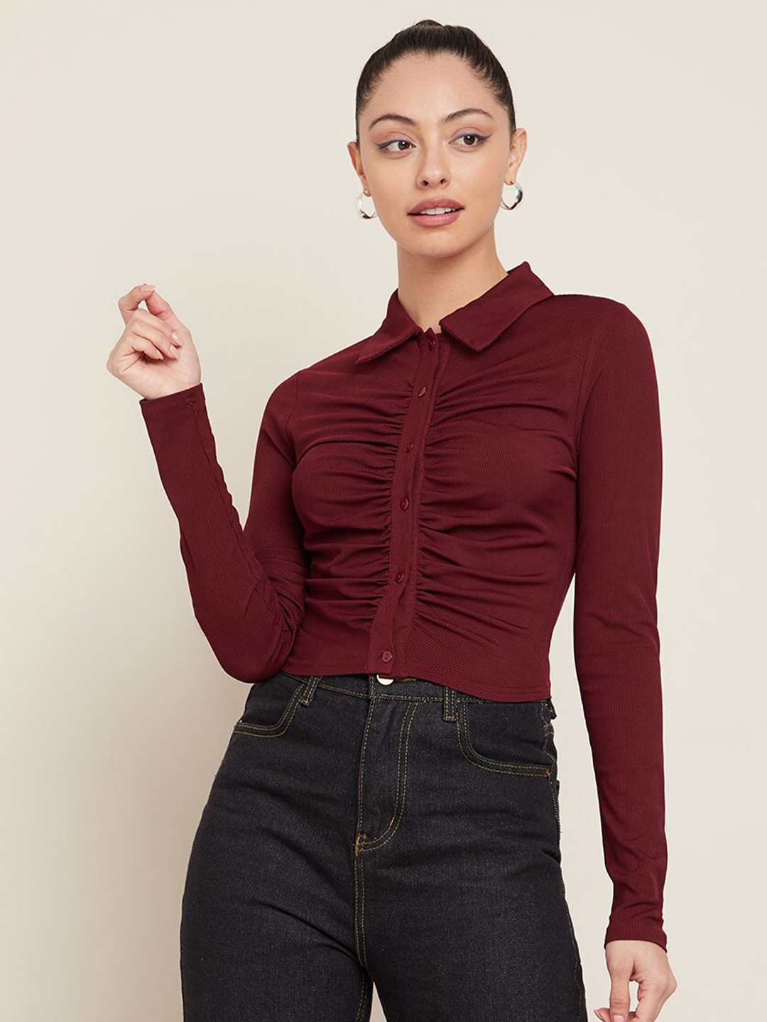 

Styli Red Long Sleeves Collared Pleated Detail Knit Top