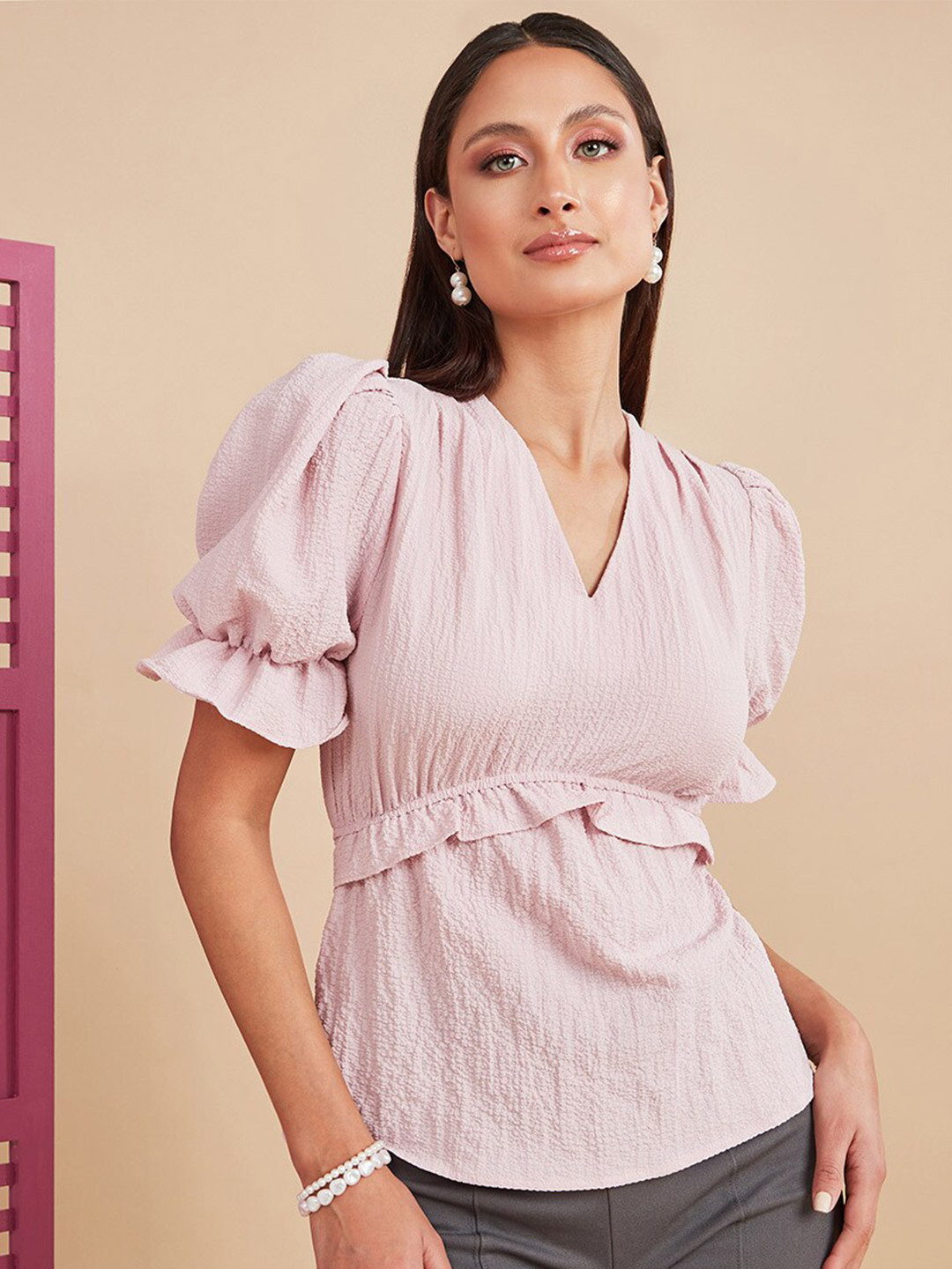

Styli Pink Crepe V Neck Ruffle Detail Blouse
