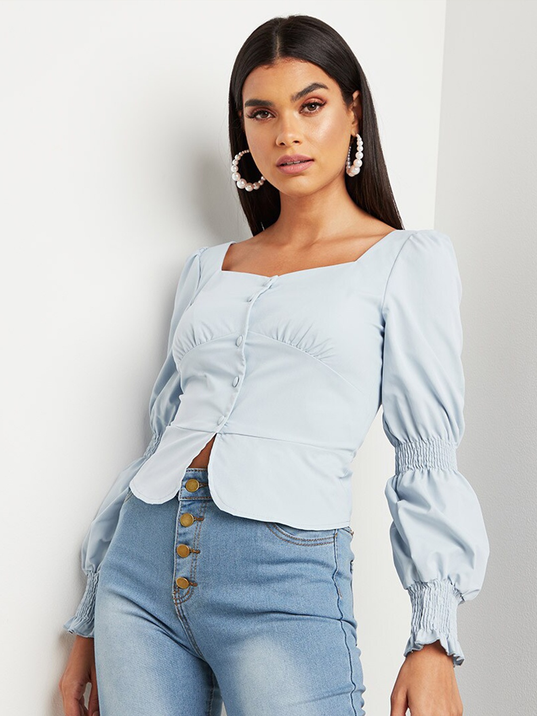 

Styli Women Blue Button Through Bishop Sleeves Blouse