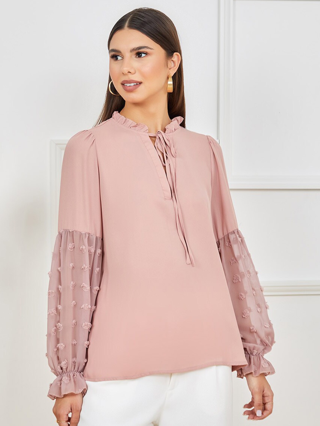 

Styli Pink Dobby Woven Balloon Sleeves Detailed Tie-Up Neck Top