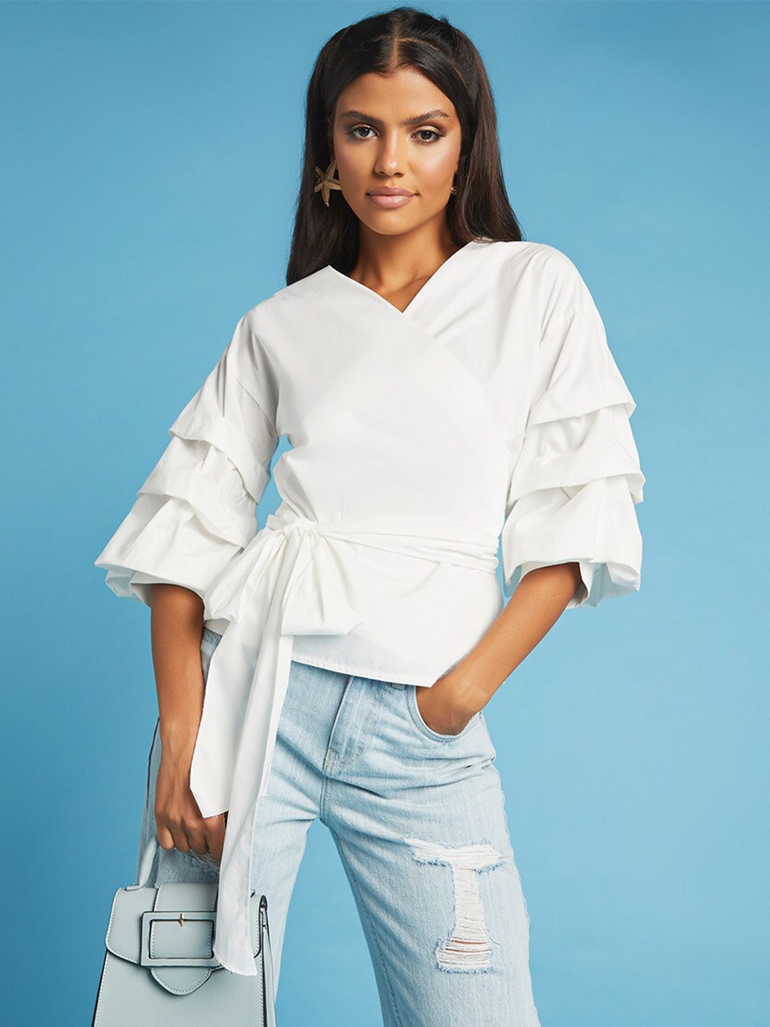 

Styli White Cotton Layered Puff Sleeves Wrap Top