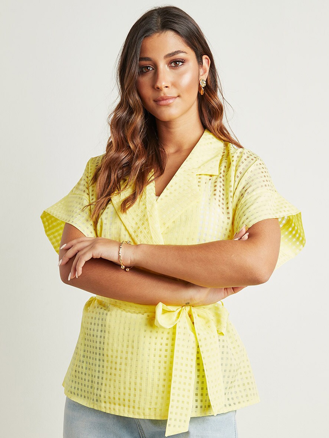 

Styli Yellow Checked Wrap Top with Waist Tie Up