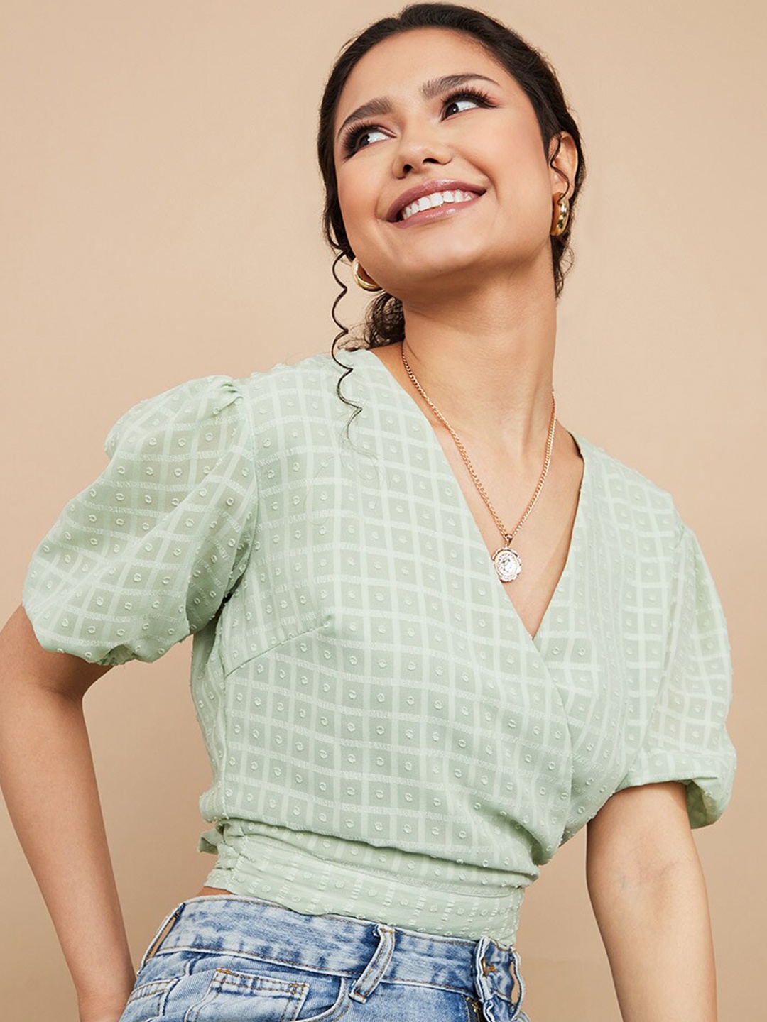 

Styli Green Short Sleeves Dobby Spot Wrap Top