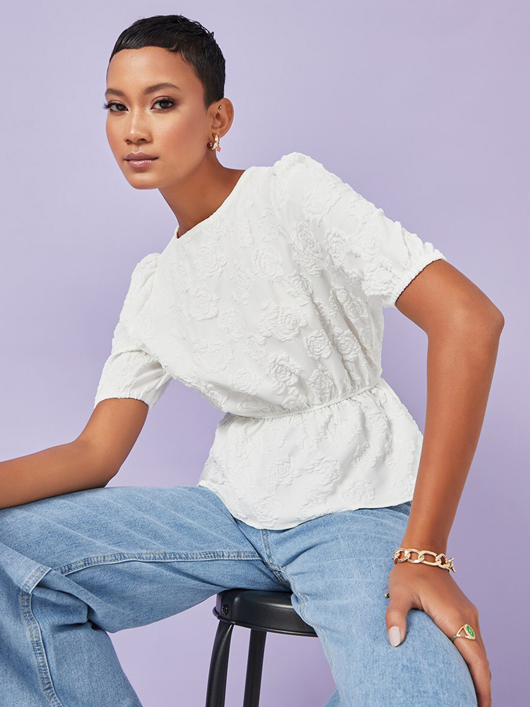 

Styli Women White Cuff Sleeves Round Neck Jacquard Top