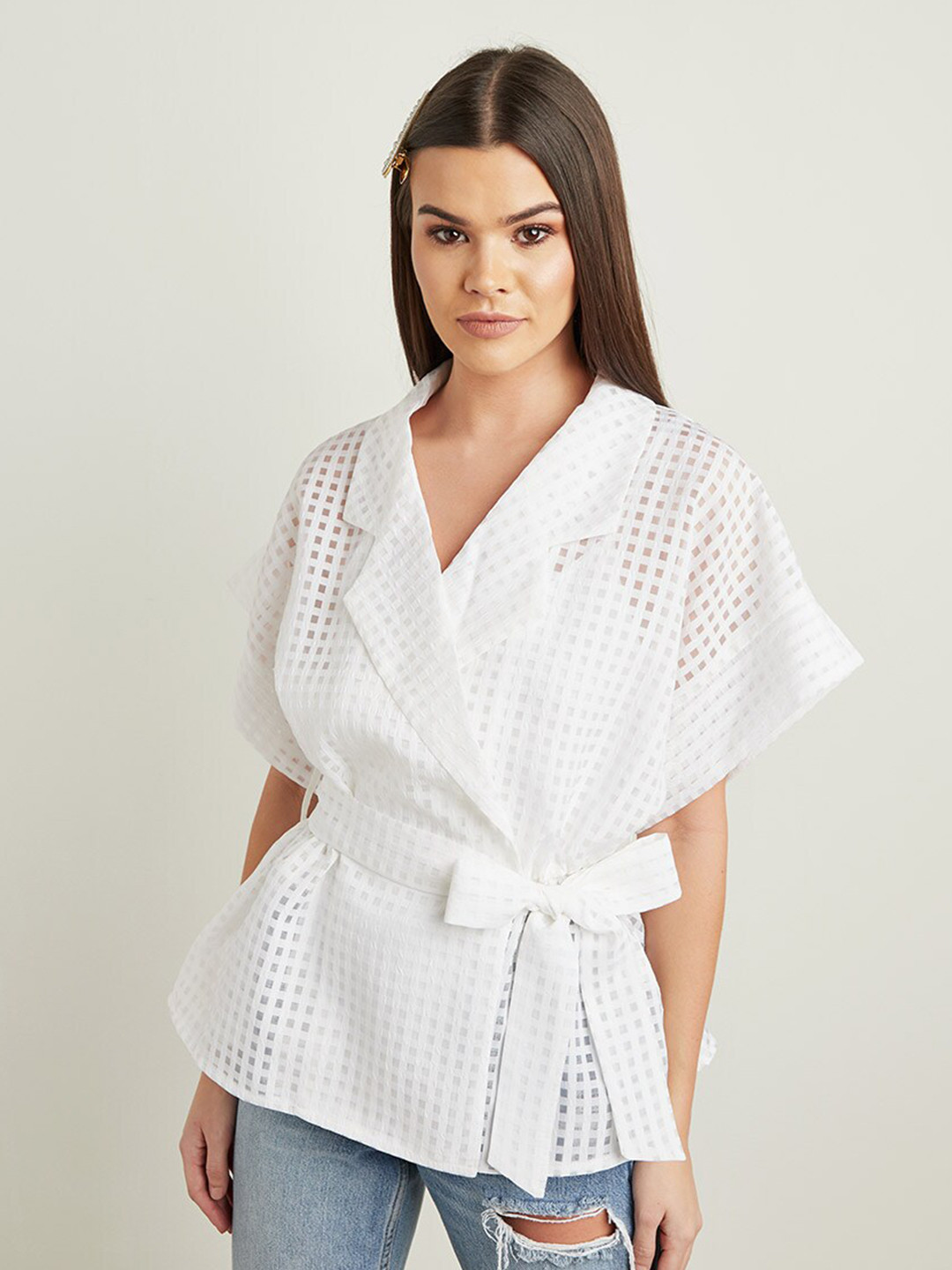 

Styli Women White Sheer Checked Organza Top with Belt-Tie Waist