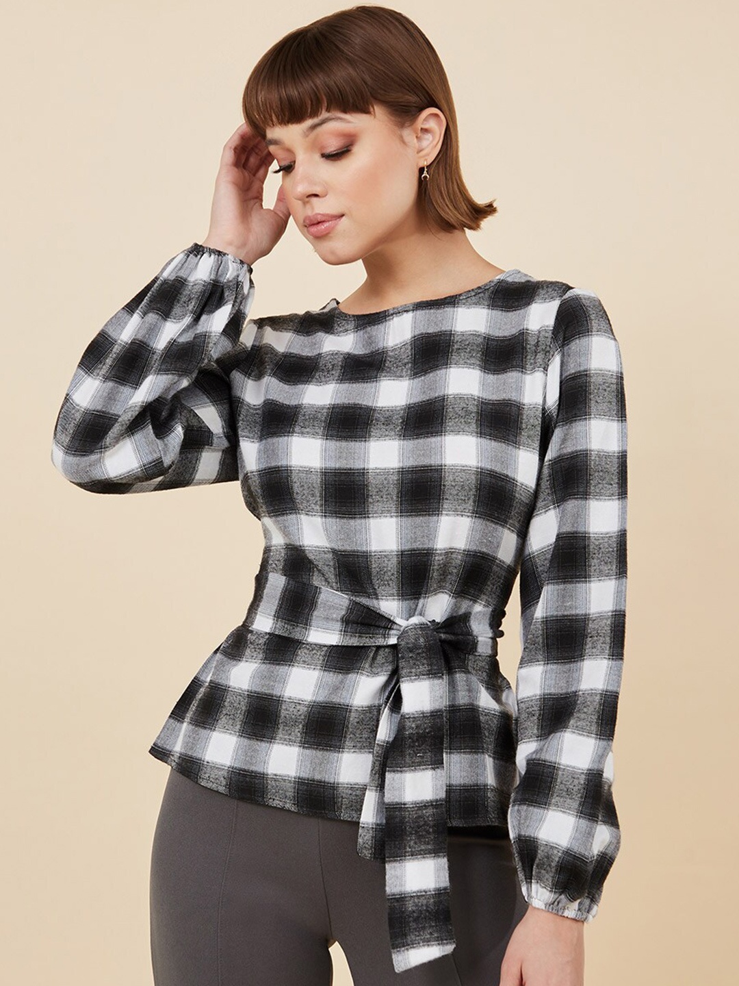 

Styli Black Checkered Pattern Round Neck Long Sleeve Waist Tie Blouse