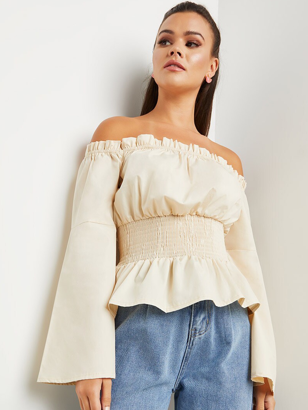 

Styli Beige Off Shoulder Flute Sleeves Top