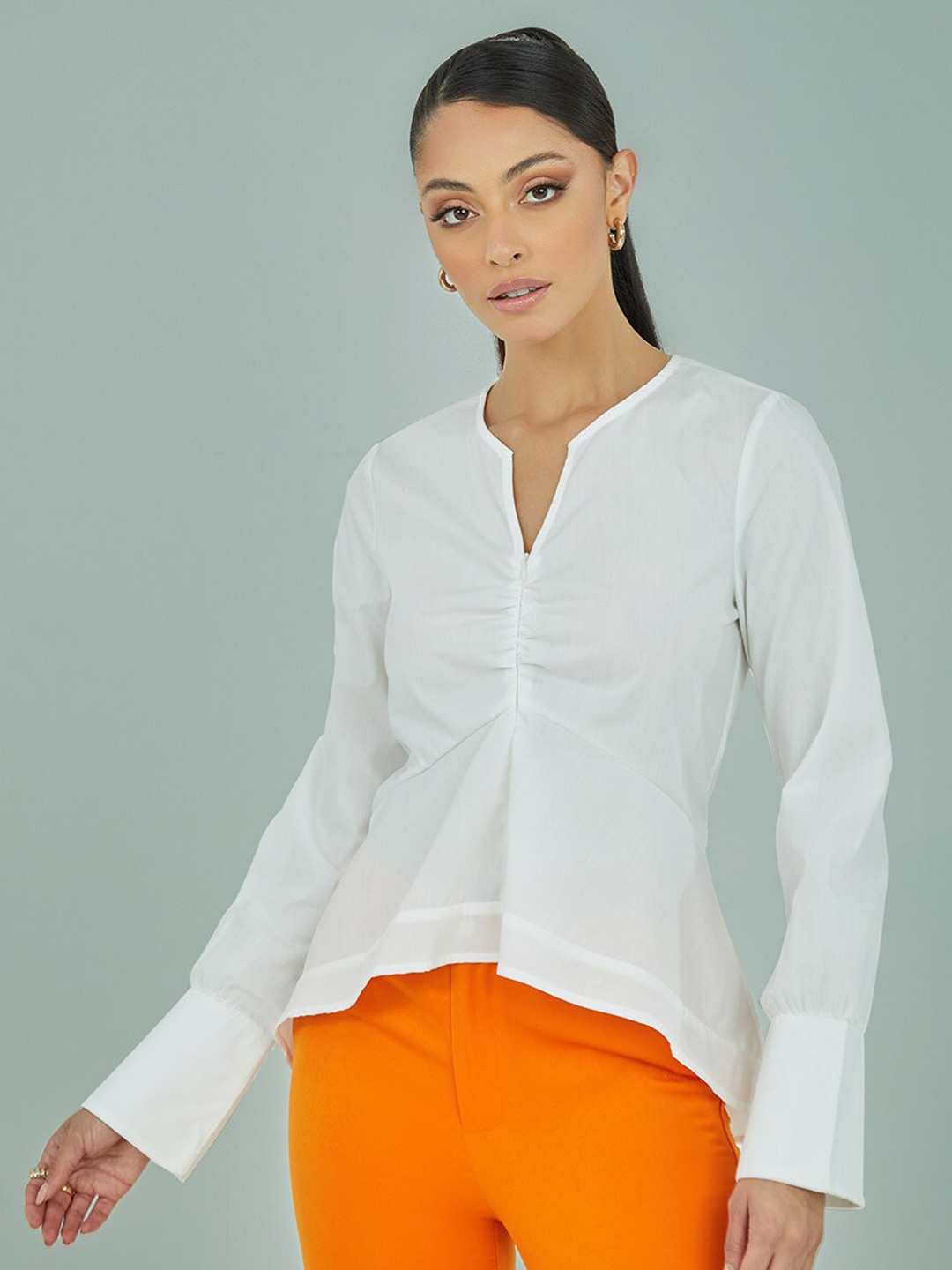 

Styli White V Neck Asymmetric Hem Blouse