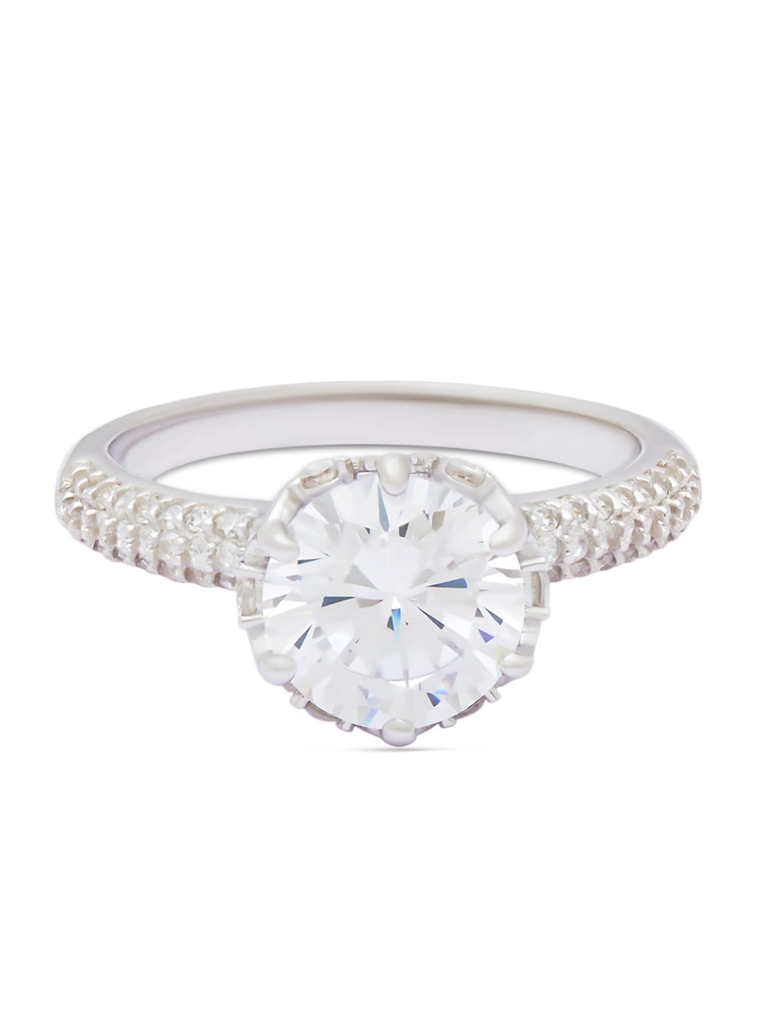 

ANAYRA 925 Sterling Silver Silver-Toned White Stone-Studded Finger Ring