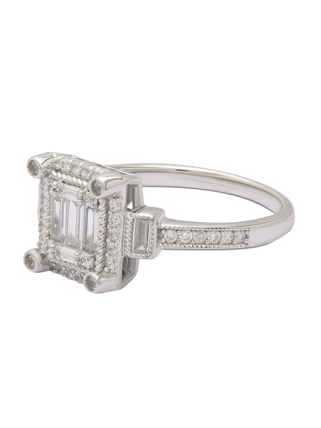 

ANAYRA 925 Sterling Silver Silver-Toned White Stone-Studded Finger Ring