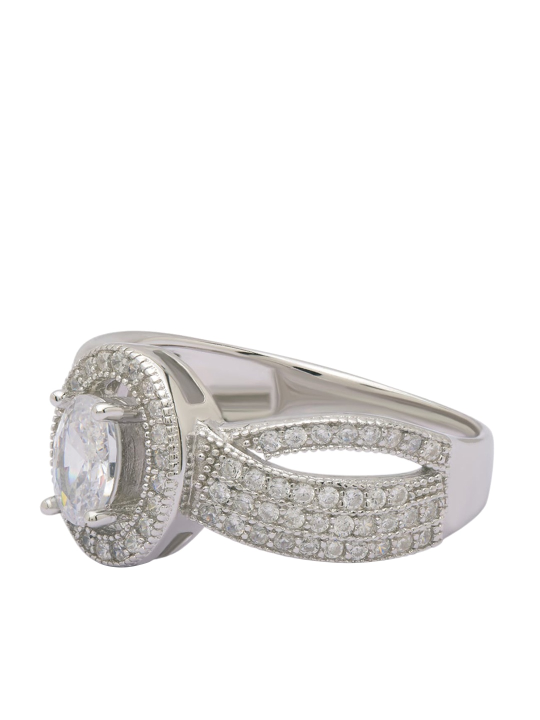 

ANAYRA Silver-Toned & White CZ-Studded Finger Ring