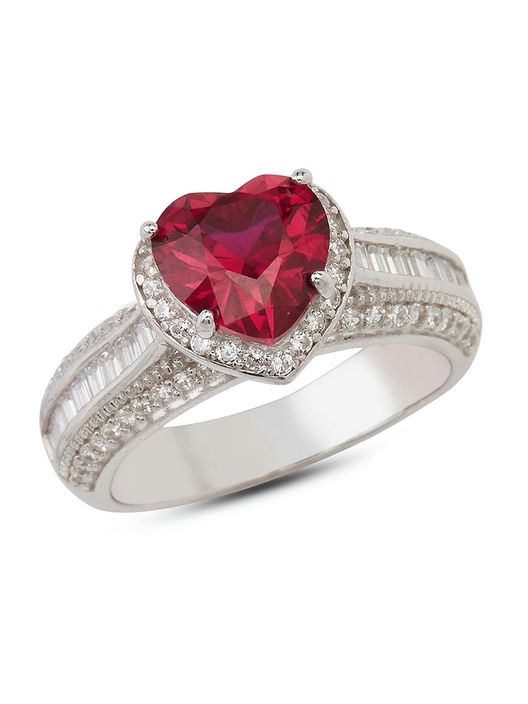 

ANAYRA 925 Sterling Silver Silver-Toned White & Red Stone-Studded Finger Ring