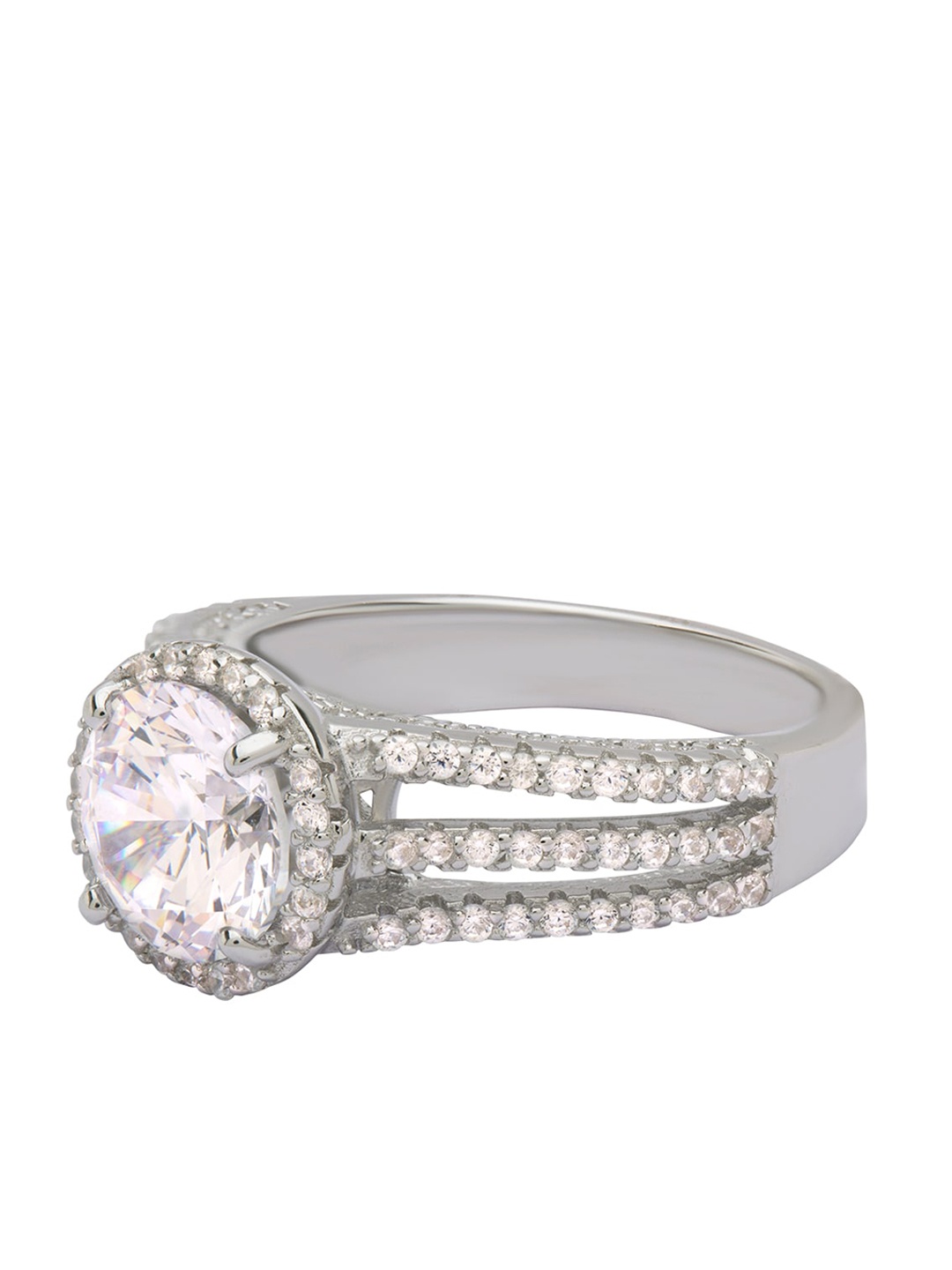 

ANAYRA 925 Sterling Silver Silver-Toned White Stone-Studded Finger Ring