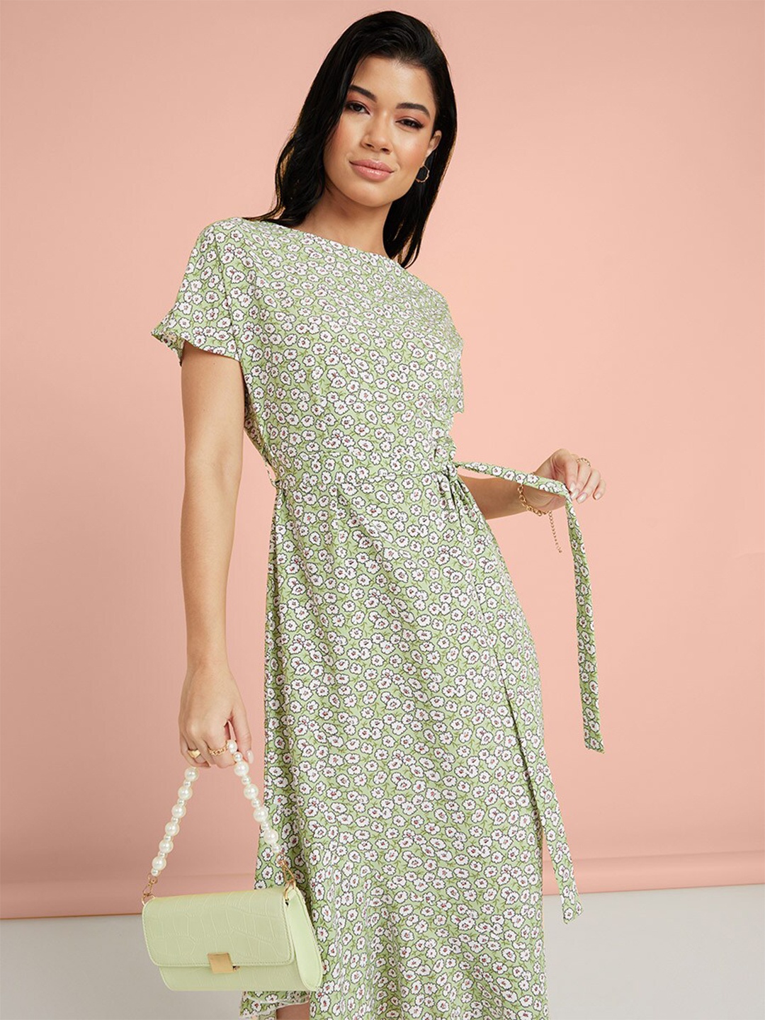 

Styli Floral Print Asymmetric Hem Midi Dress, Green