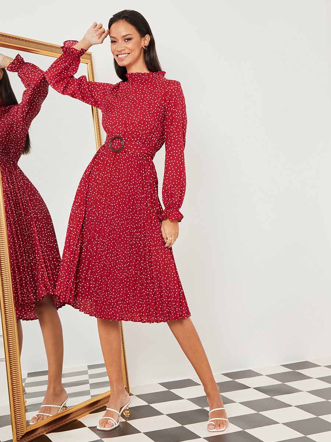 

Styli Red High Neck Polka Dot Print A-Line Midi Dress