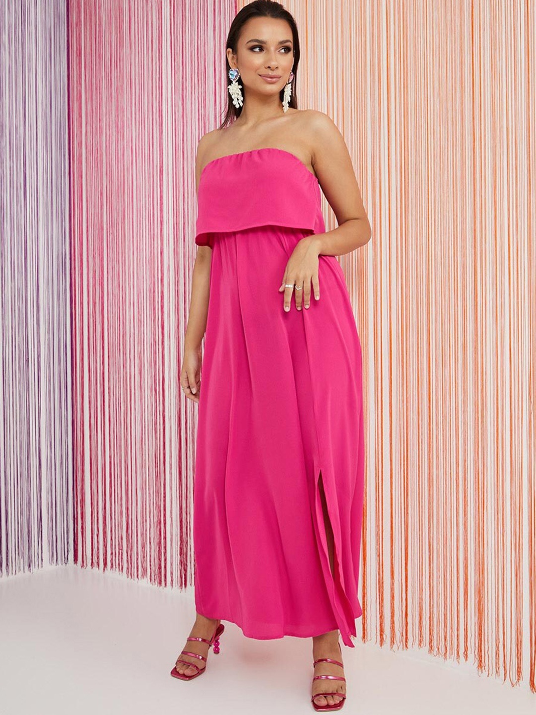 

Styli Off Shoulder Plain A-Line Maxi Dress with Side Slit, Pink