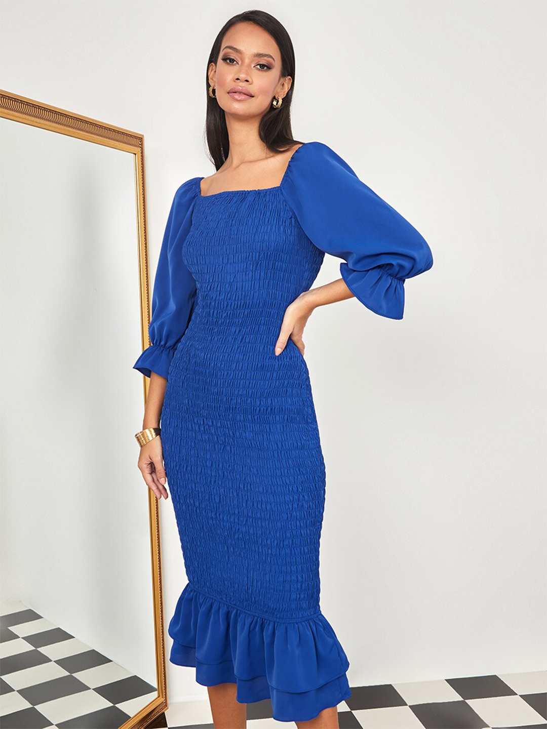 

Styli Blue Shirred Bodycon Midi Dress with Frill Hem