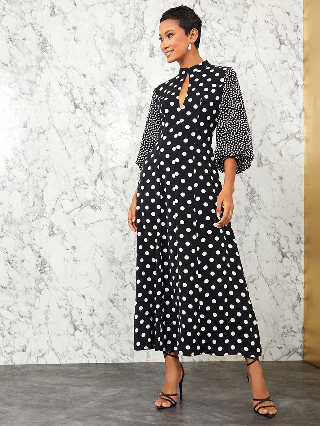 

Styli Polka Dot Puff Sleeves A-Line Maxi Dress with Keyhole Detail, Black