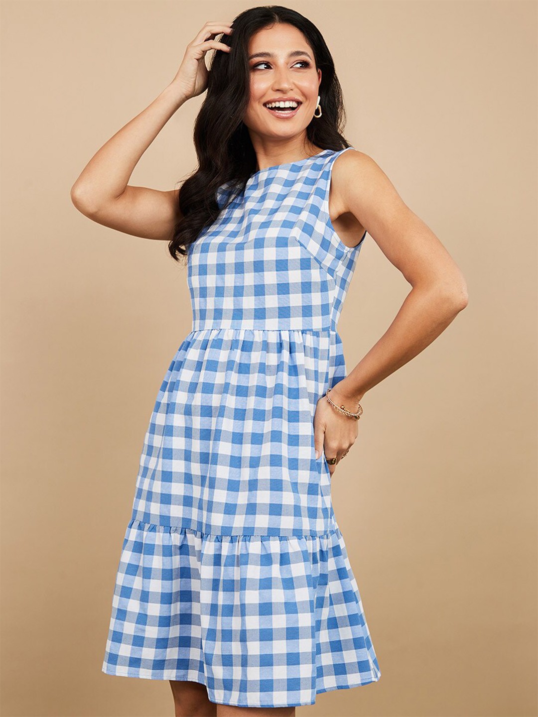 

Styli Checked Tiered Knee Length Dress, Blue