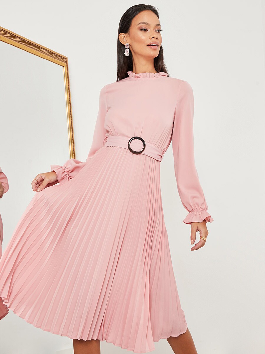

Styli Pink High Neck Solid A-Line Midi Dress