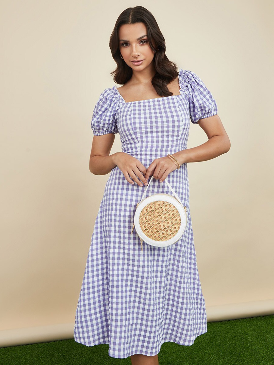 

Styli Puff Sleeves Square Neck Gingham Checked Midi Dress, Lavender