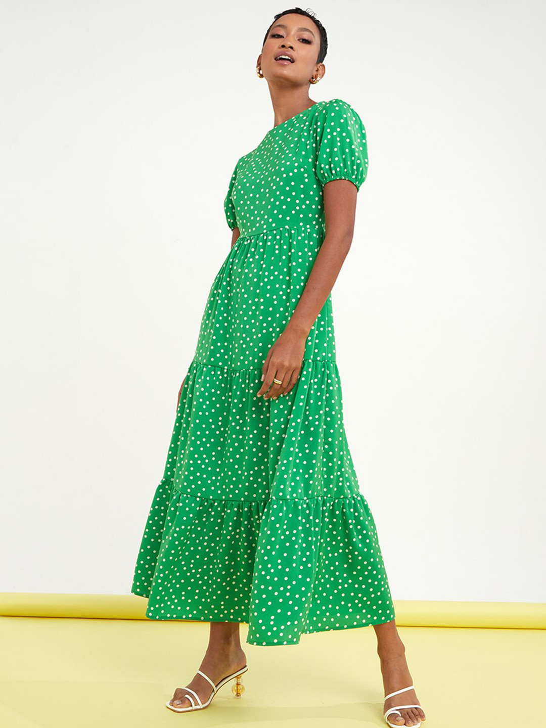 

Styli Green Cuffed Sleeves Polka Dot Print Tiered Maxi Dress