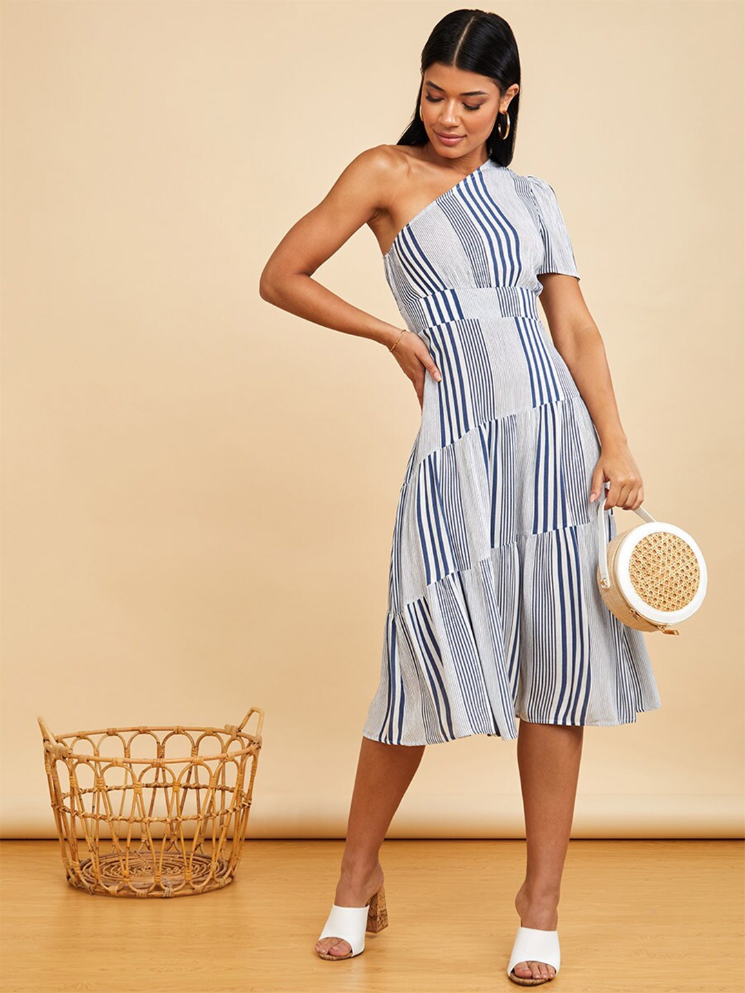 

Styli Blue One Shoulder Striped Tiered Midi Dress