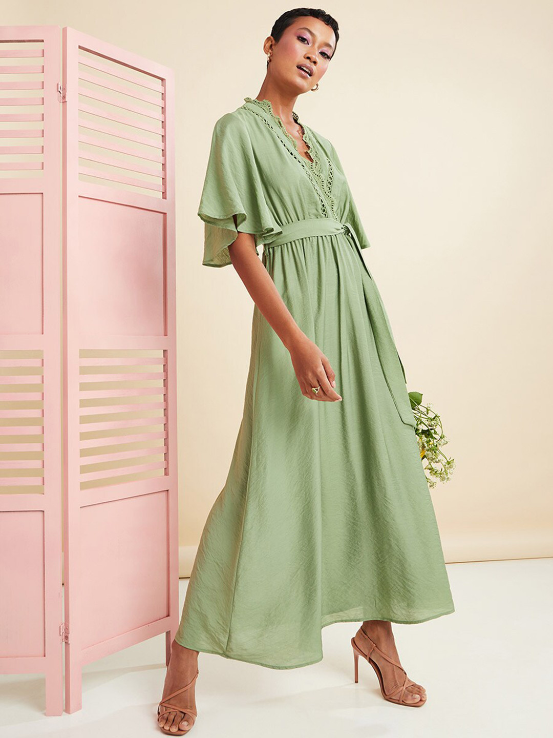 

Styli Plain Tie Up Wrap Maxi Dress, Green