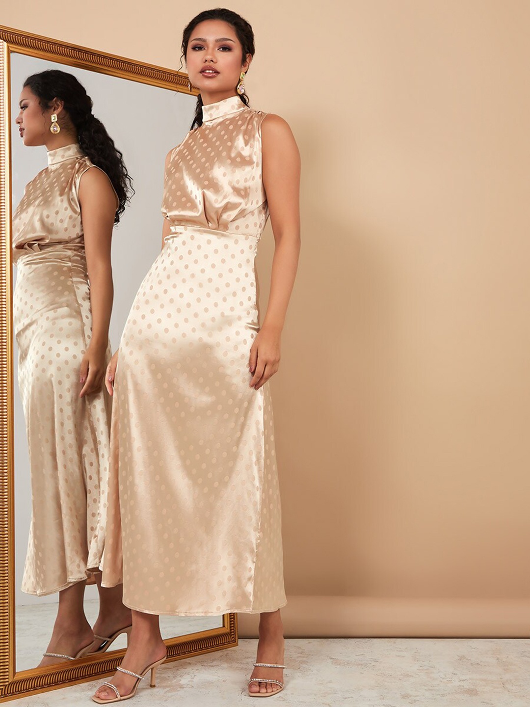 

Styli Women High Neck Printed A-Line Maxi Dress, Beige
