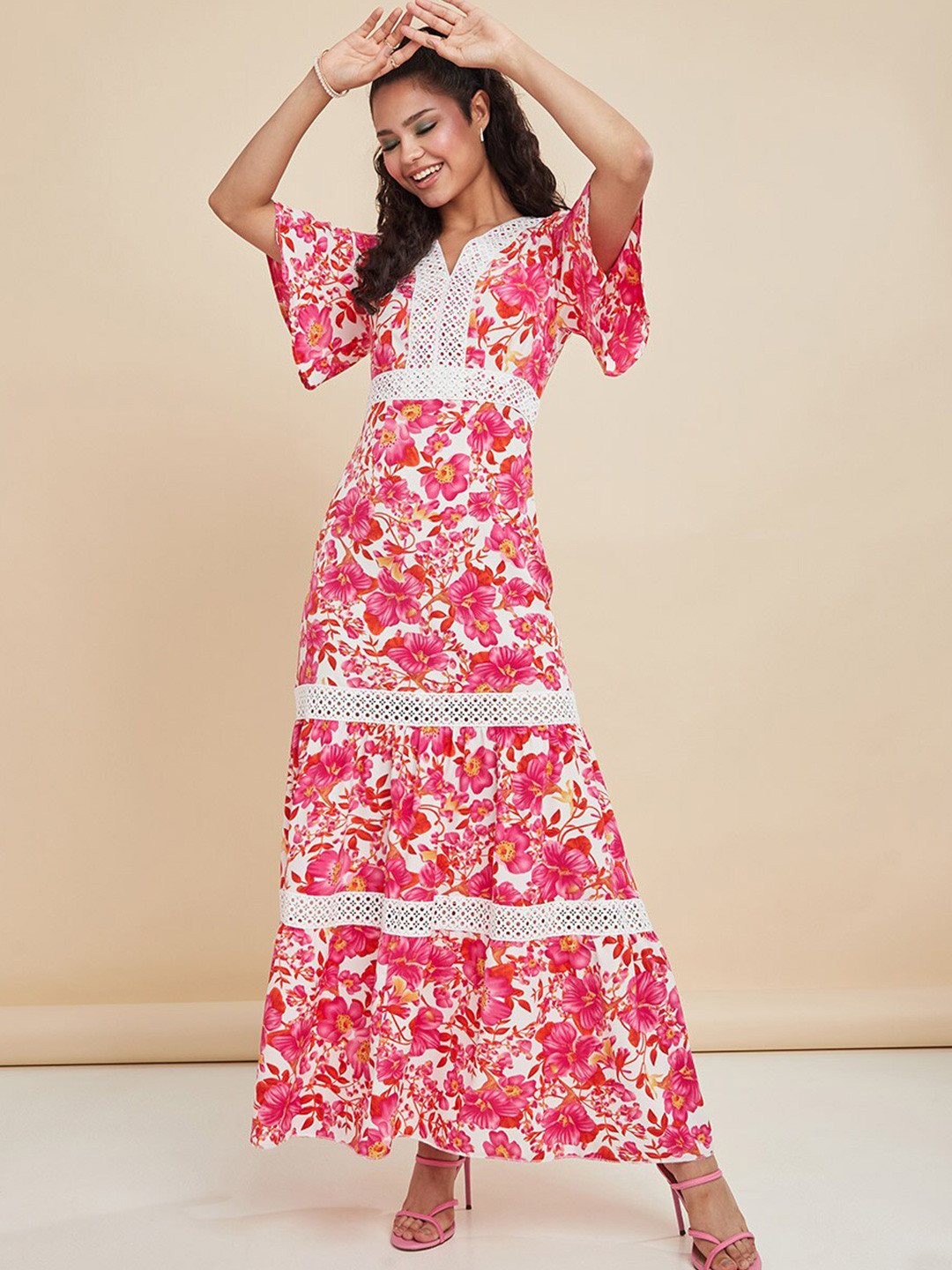 

Styli V Neck Floral Print A-Line Maxi Dress, Pink