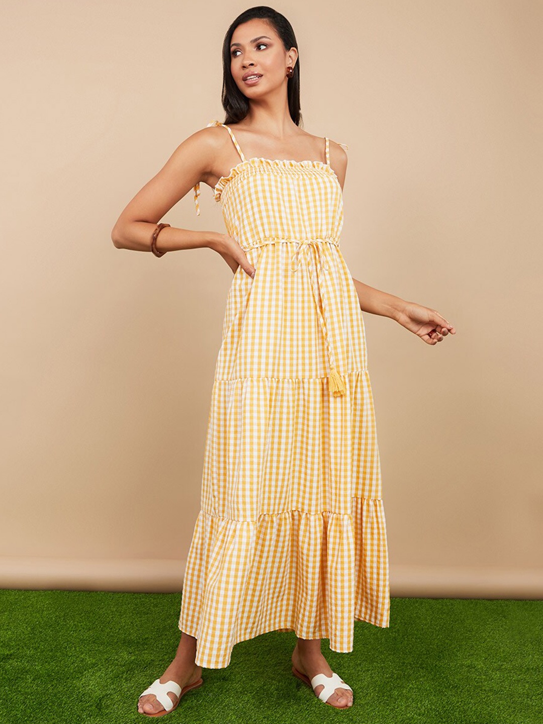 

Styli Women Strappy Gingham Check Tiered Maxi Dress, Yellow