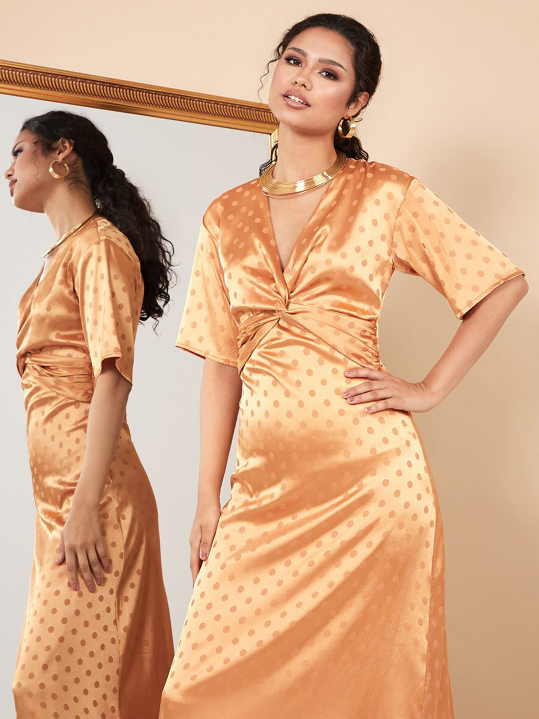 

Styli Women Front Knot Satin A-Line Maxi Dress, Gold