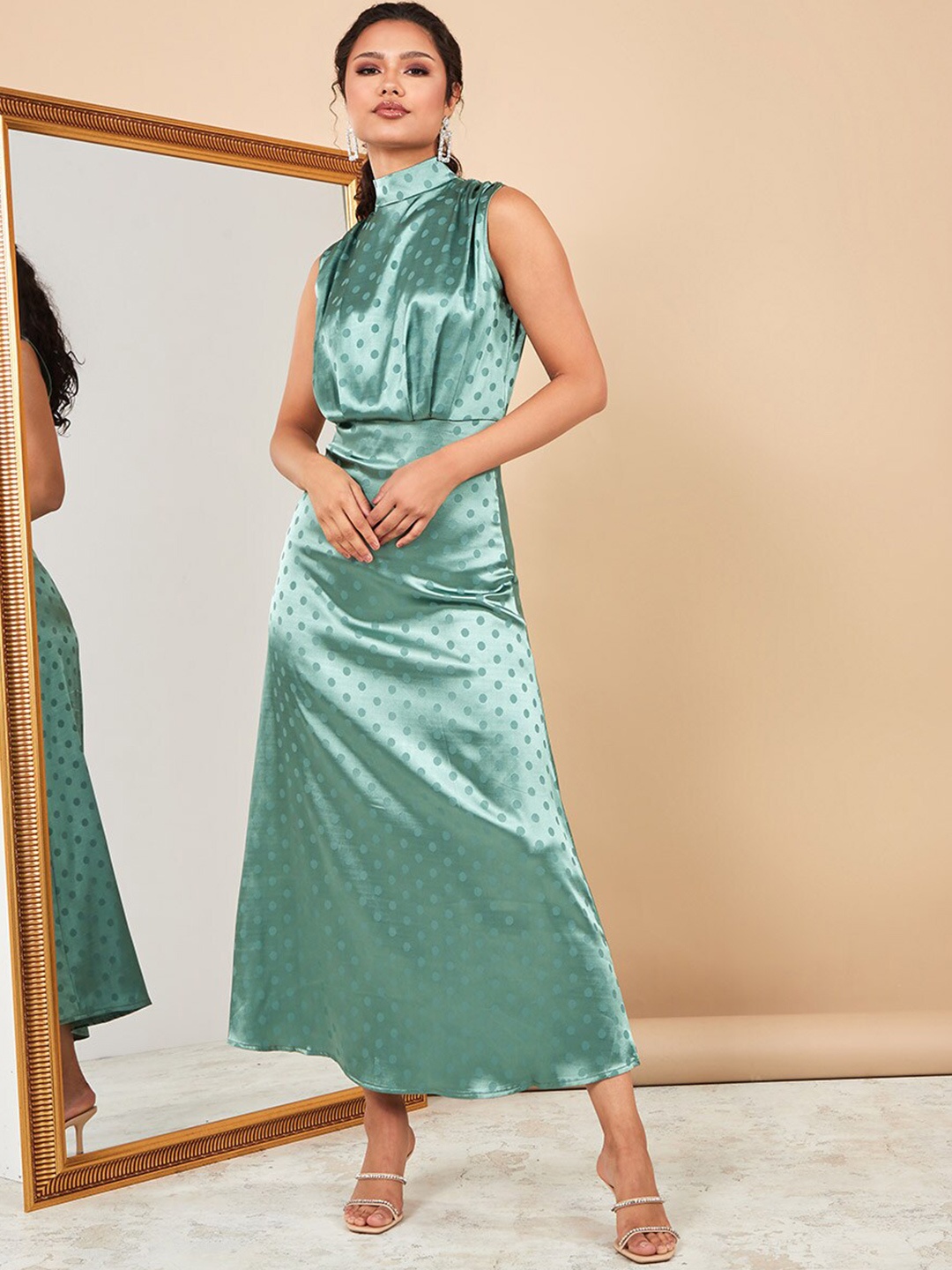 

Sleeveless Women High Neck Printed A-Line Maxi Dress, Green